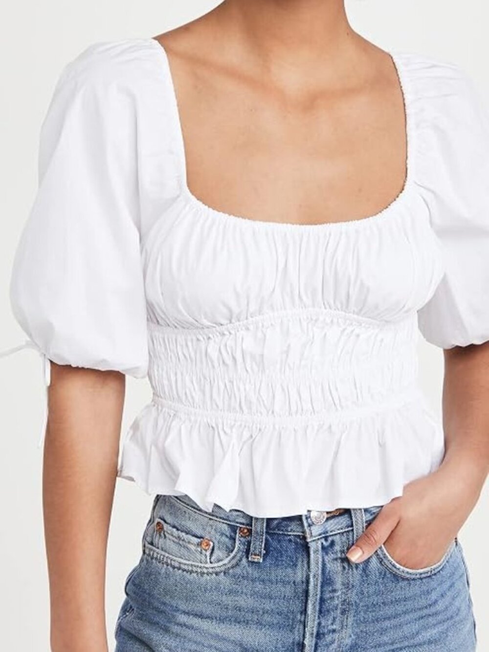 STAUD Faye Cropped Shirred Stretch Cotton Top